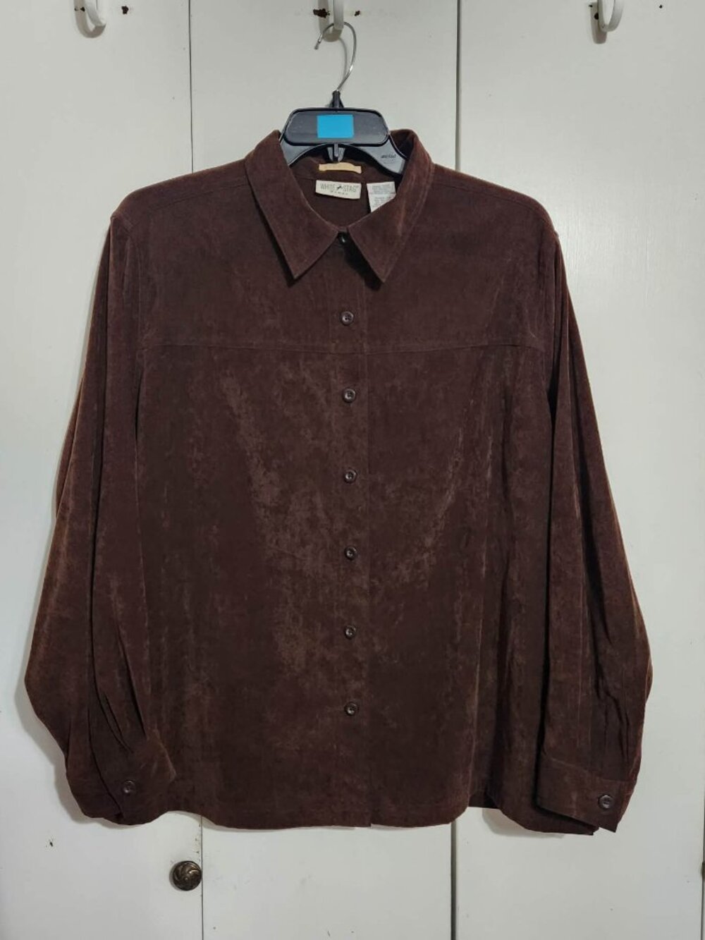White Stag Woman 24W Stretch Brown Faux Suede Long Sleeve Button Up Shirt Top